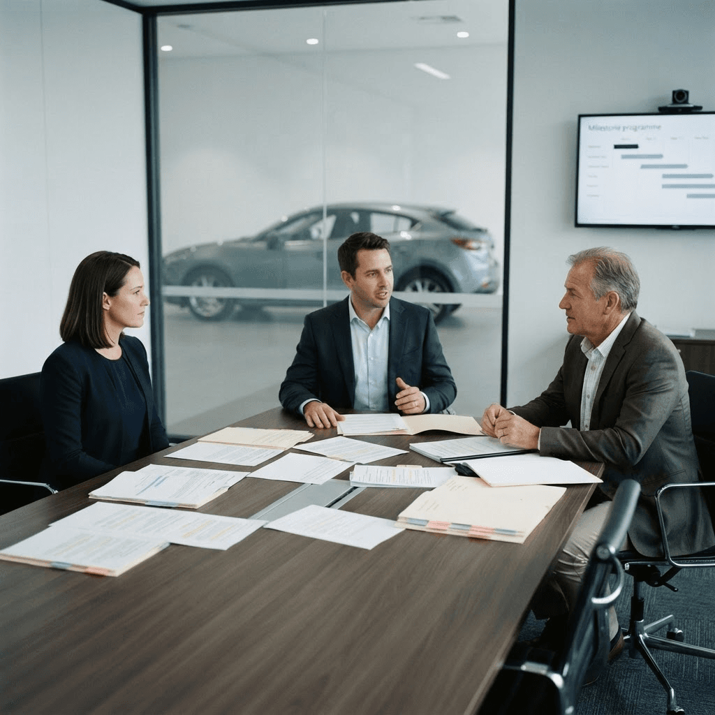 OEM executives reviewing a decision paper on information-access and licensing matters