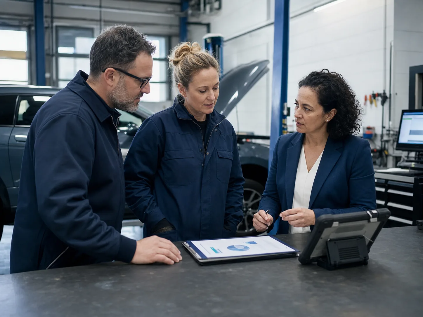 Aftersales, technical and commercial specialists reviewing decision material in an automotive workshop.