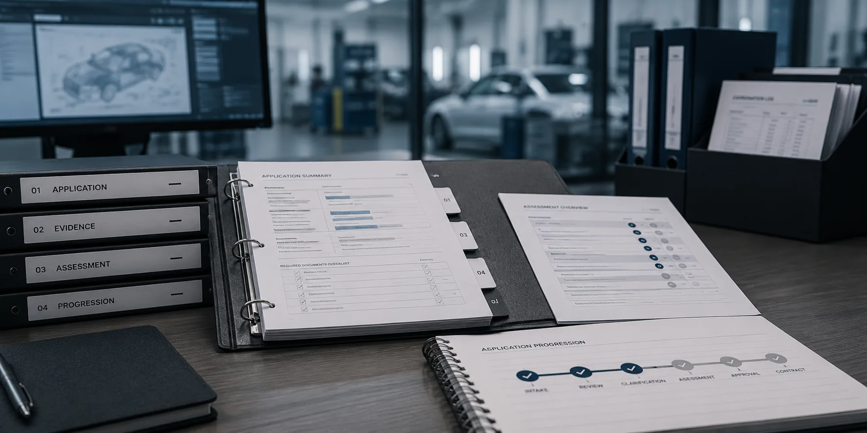 Application and assessment records in an automotive technical office.