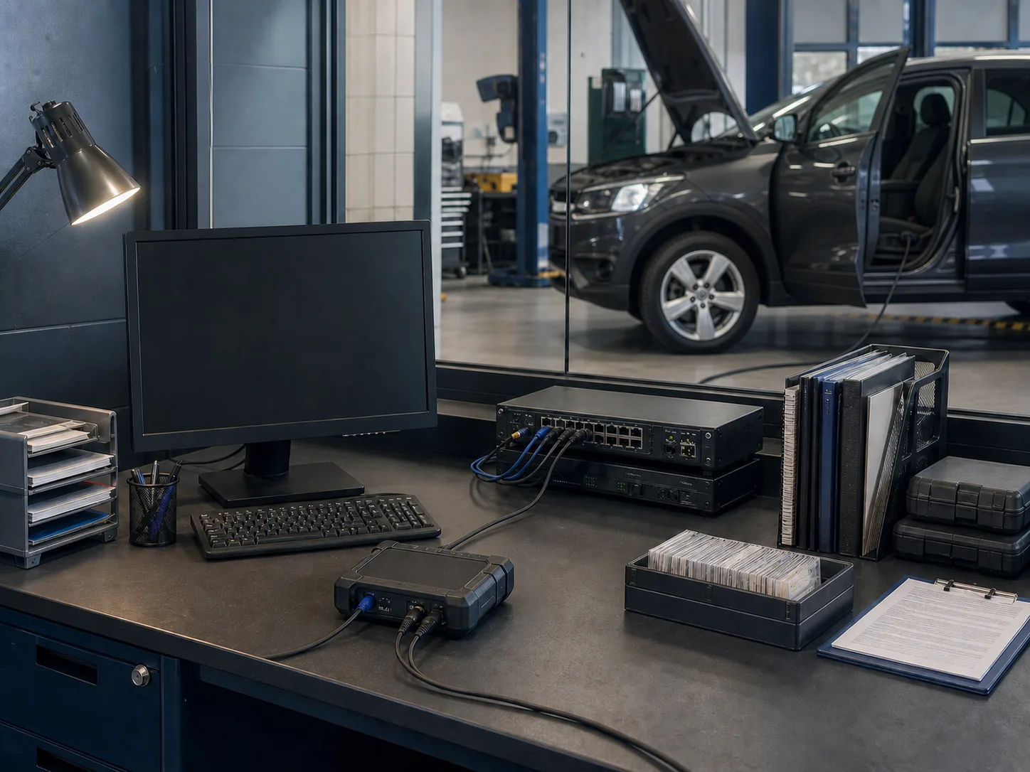 Configured access equipment and a diagnostic interface prepared beside an automotive workshop bay.