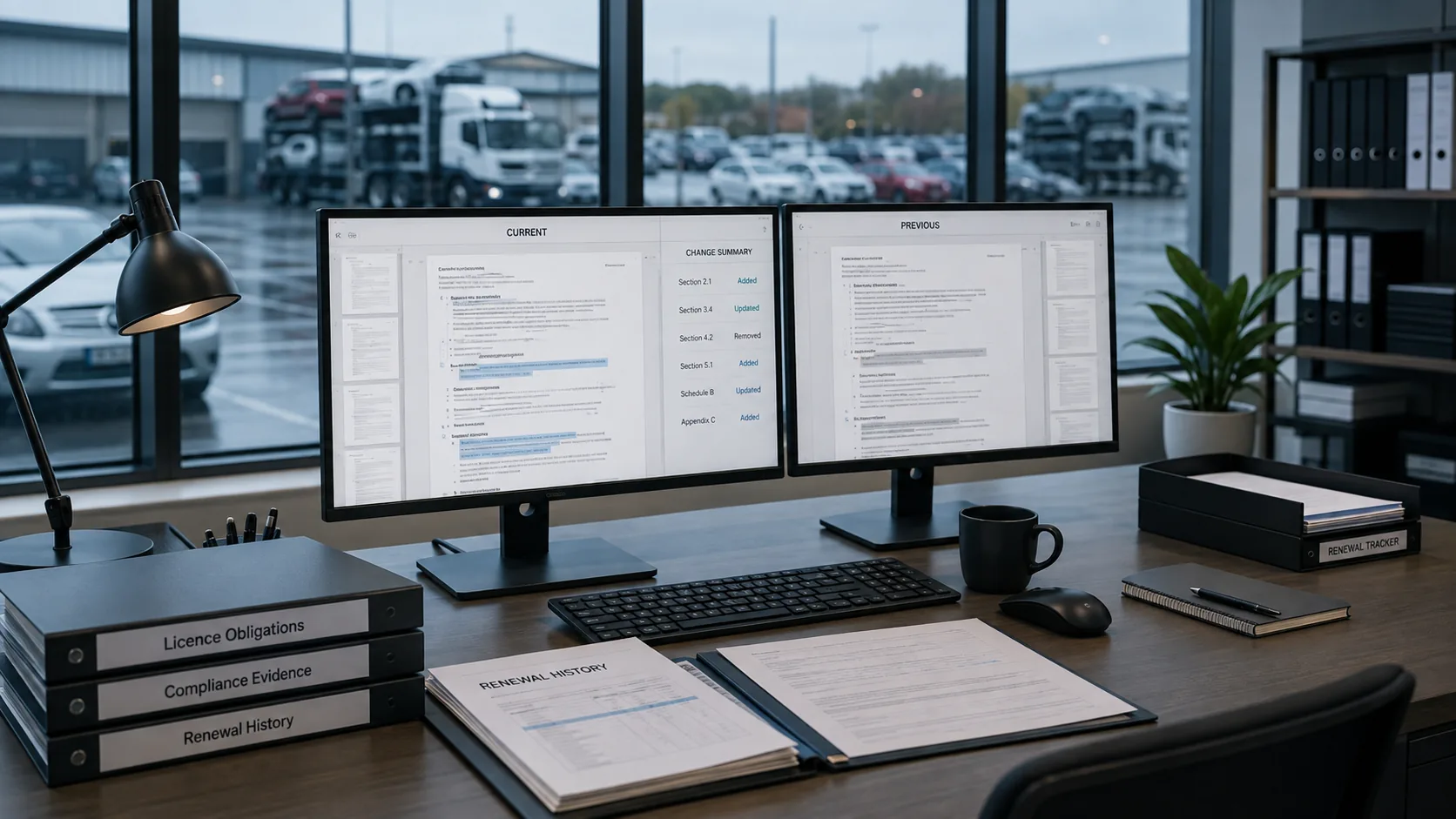 Current and previous licence records prepared for change review and renewal.